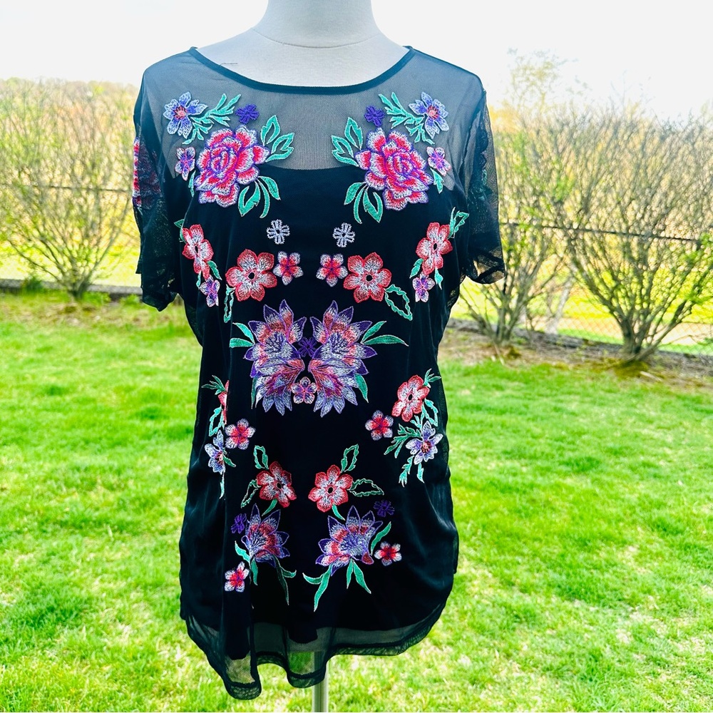 INC Black Sheer Floral Embroidered Women's Top